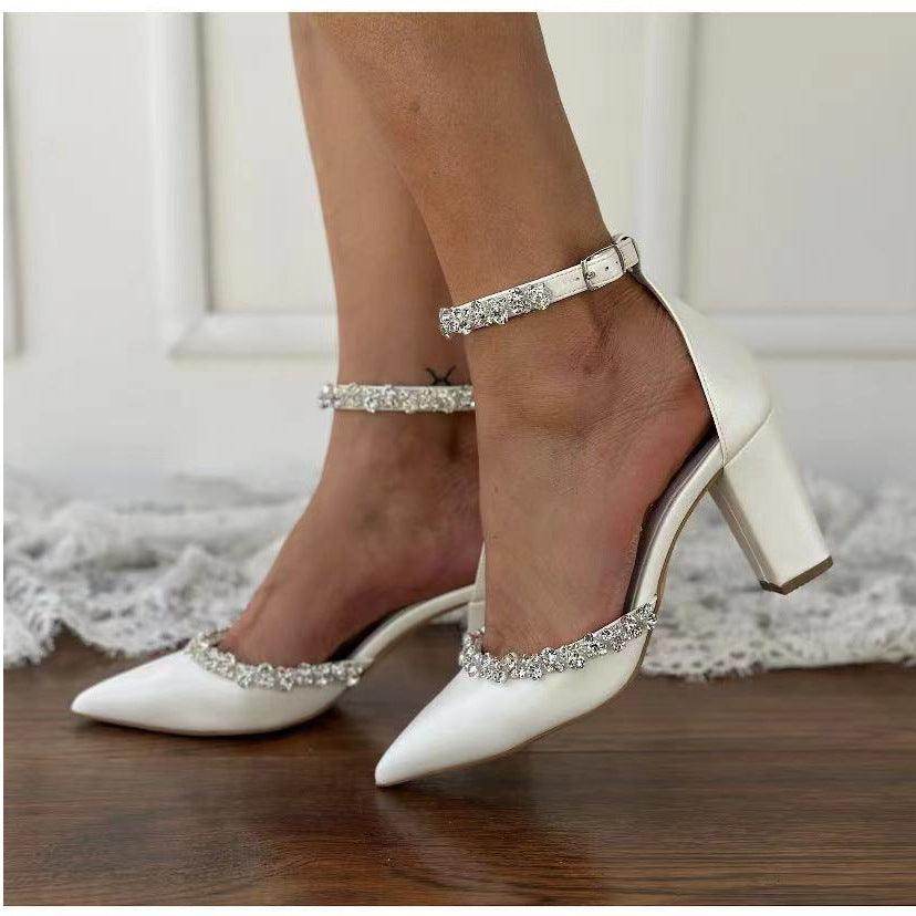 White Rhinestone Ankle Strap Pointy Block Heels 731350490264 - COCOMELODY